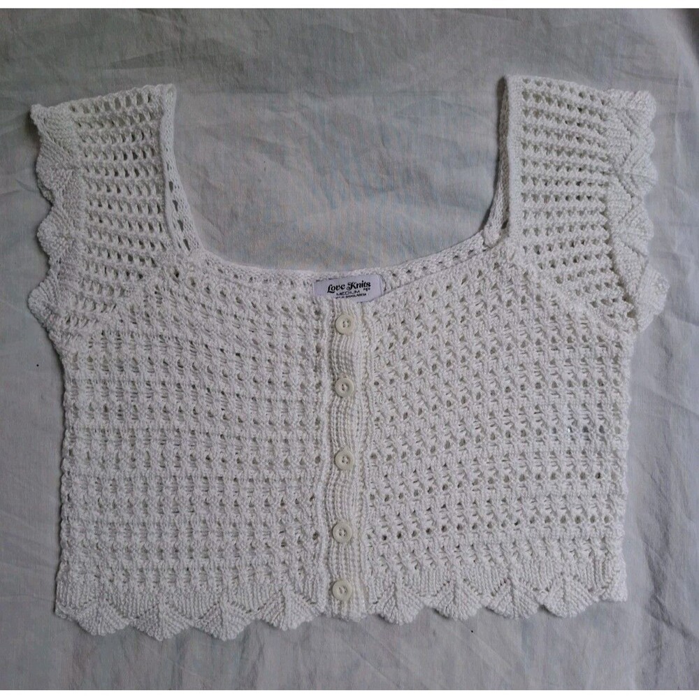 Love Knits Crochet Crop Top Button Down Boho Chic Hippie Open Knit Women's M